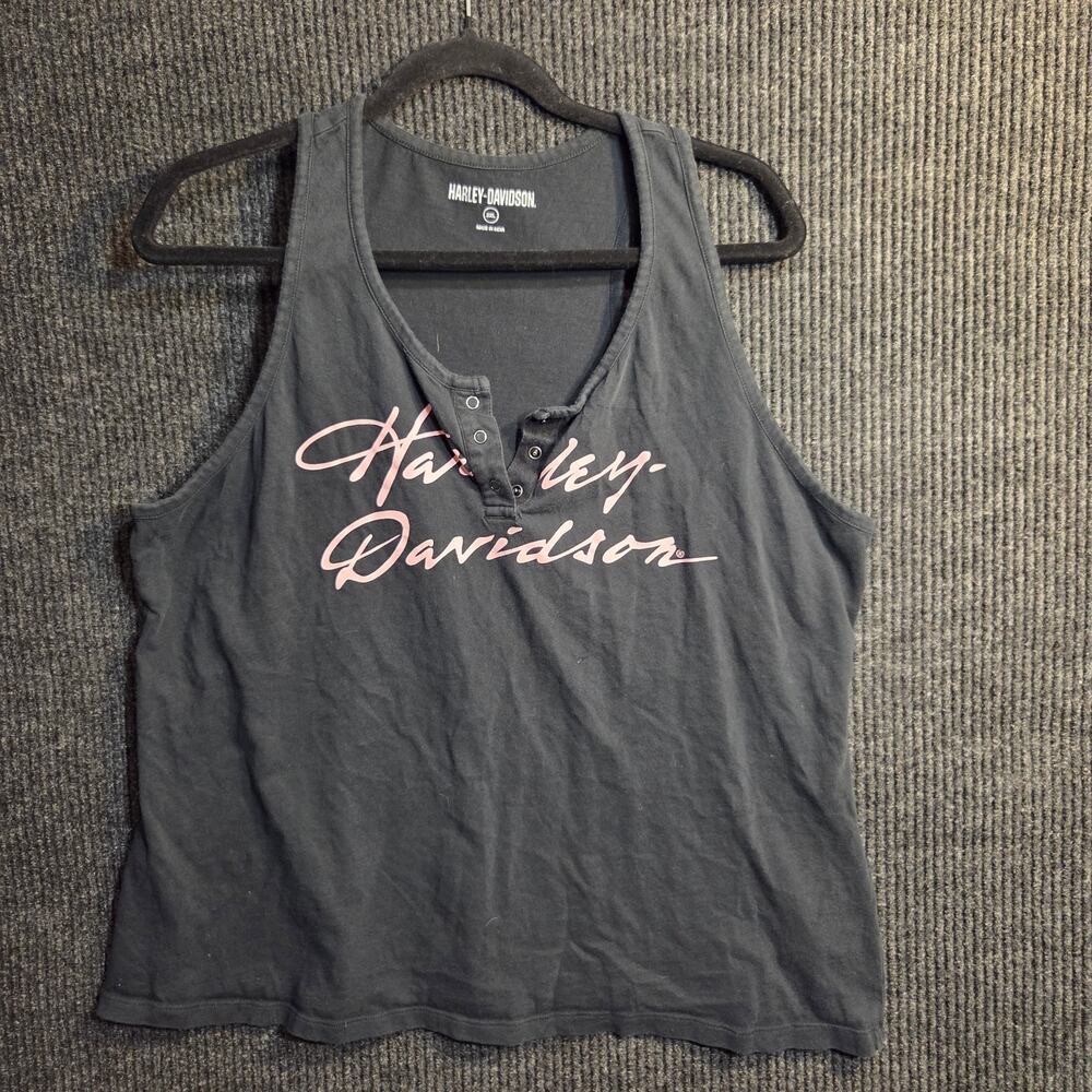 Harley Davidson Women's 2XL Plus Size Black Pink Henley Tank Top Cotton Y2k